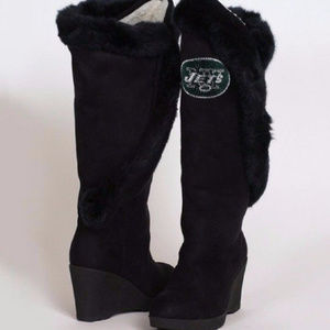 Over-the-Knee Black Faux Fur Wedge Boots with Team Patch